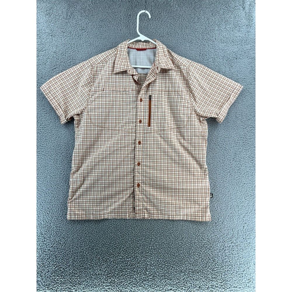 The North Face Mens Large Collared Short Sleeve Plaid Button Up Orange Vent READ